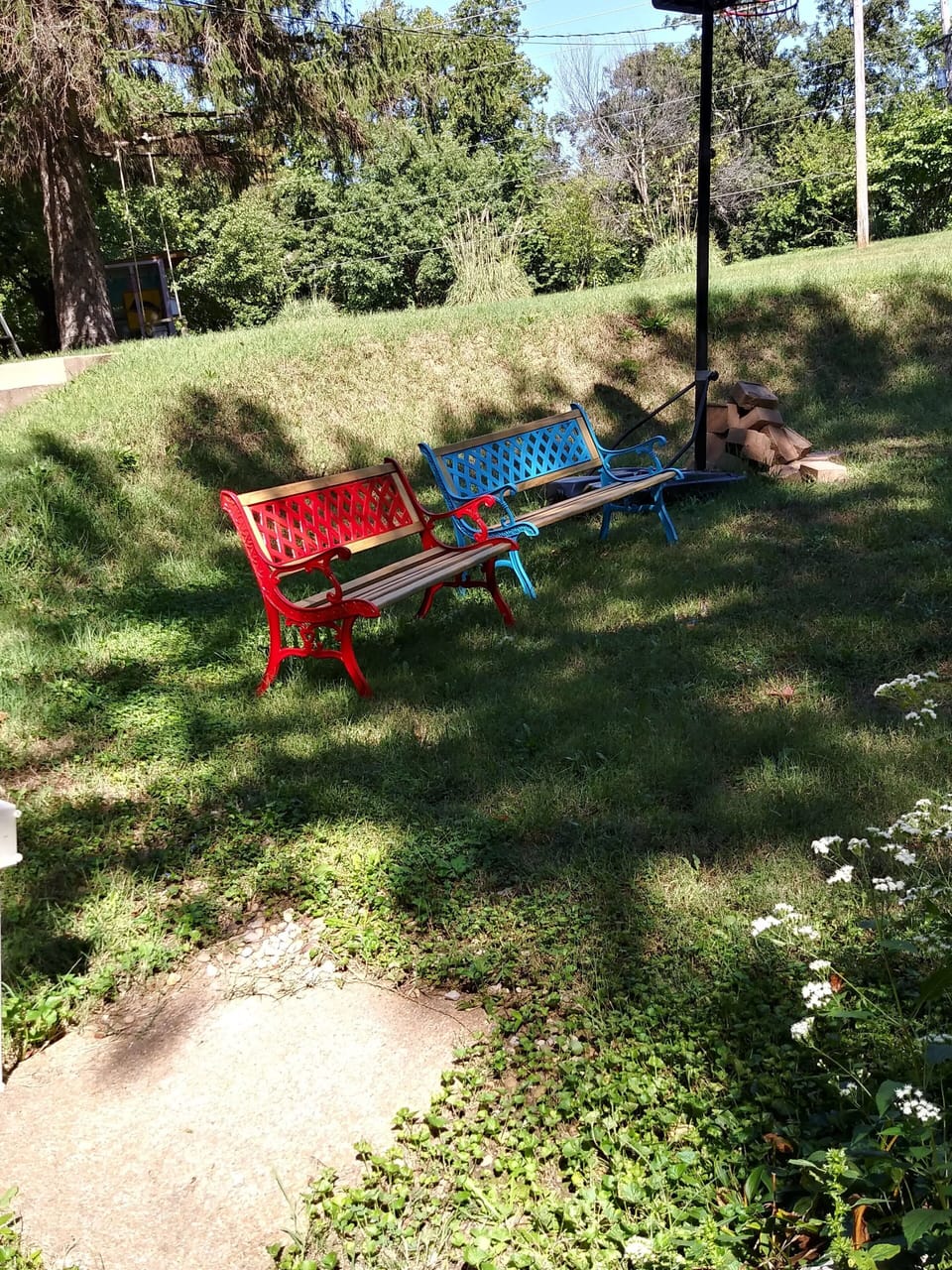 4 park benches in Fire pit area for relaxing. 
FREE wood for Fire-Pit Ring
Park 