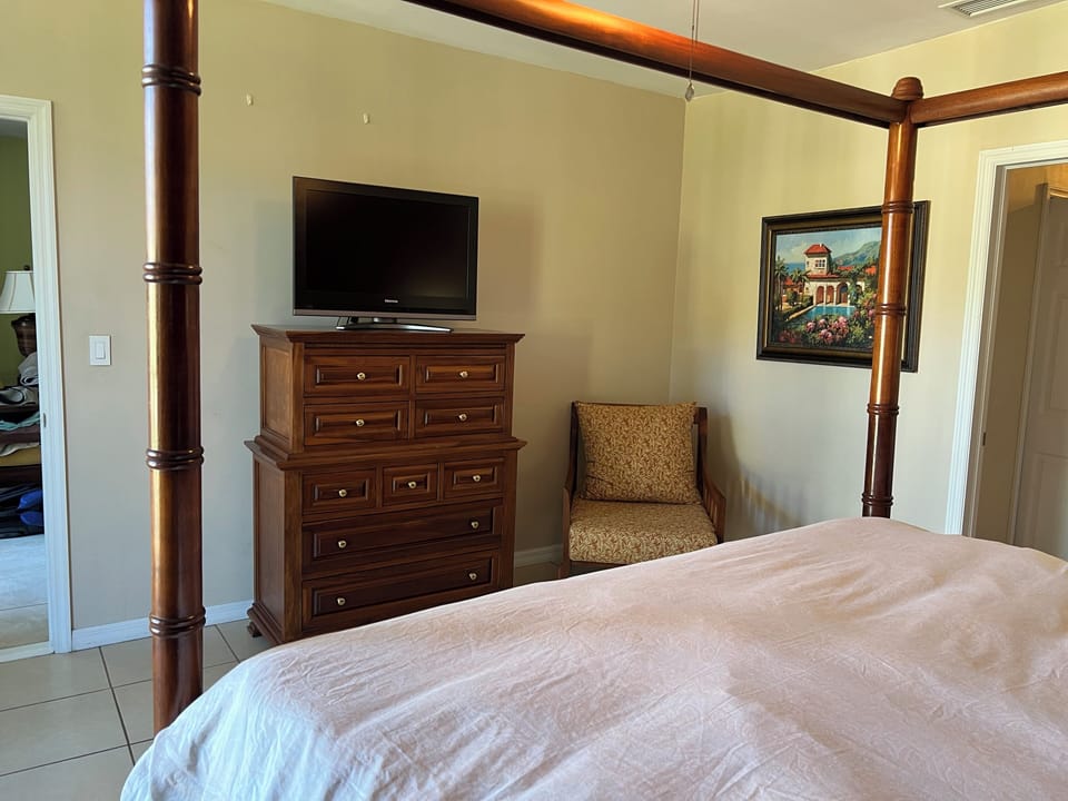 primary bedroom has king bed, walk in closet, chair, dresser, ceiling fan