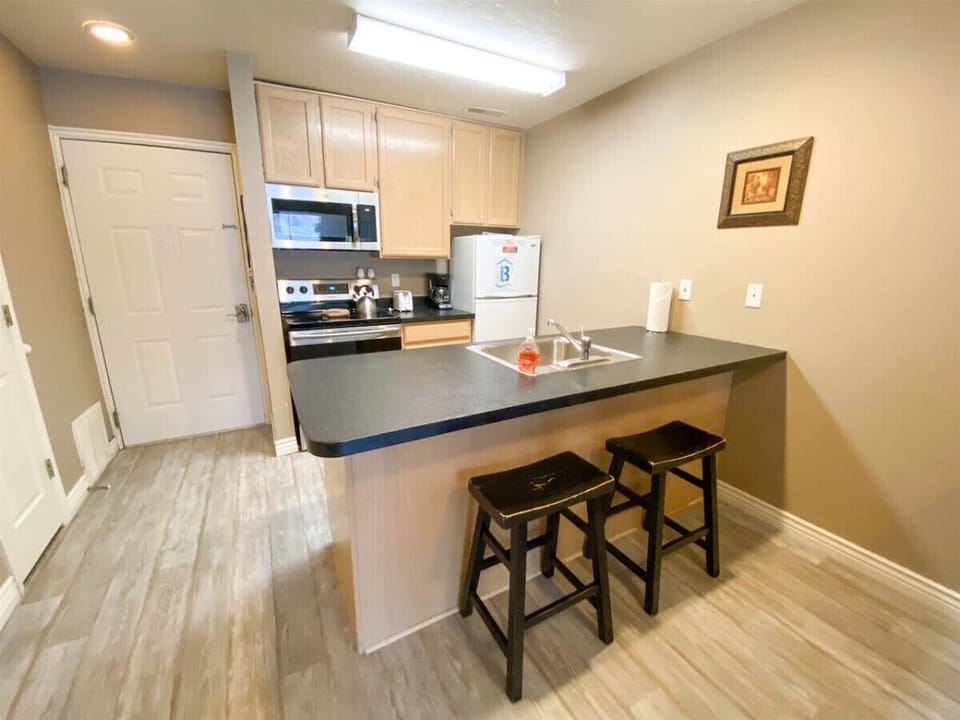 Kitchen with bar seating and modern appliances, ideal for casual meals and conversation