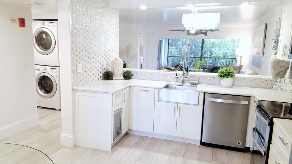 Modern Kitchen with Apron Front Sink, Open to Dining and Living Room 