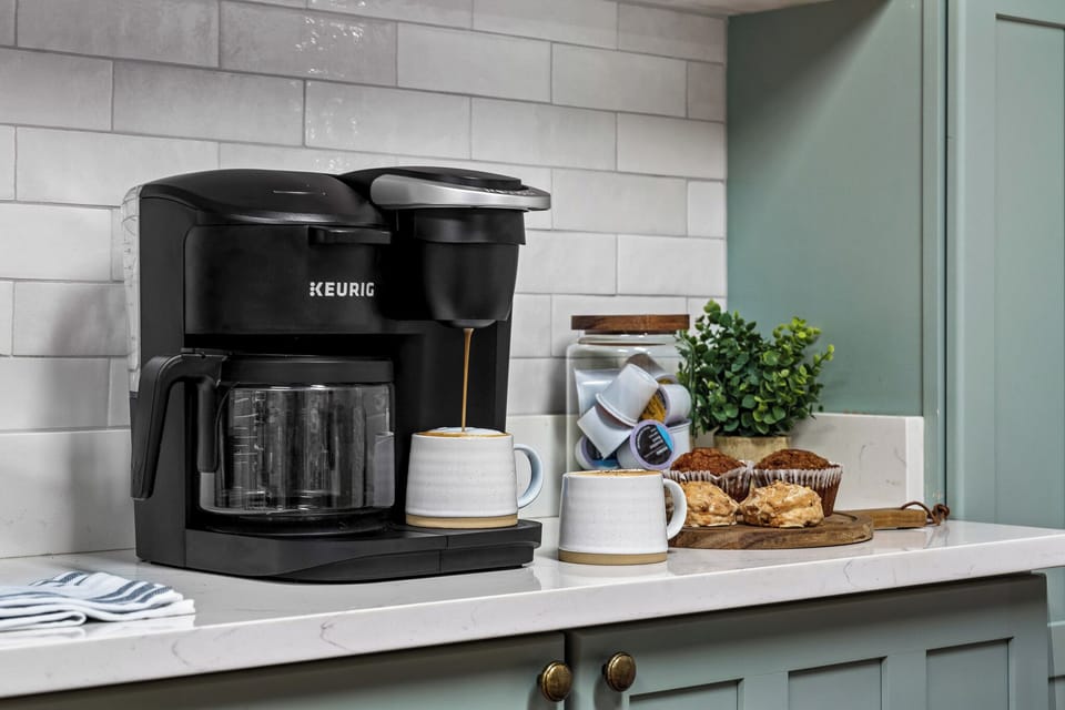 Fully stocked coffee bar to jumpstart your day (K-cups, sugar, grounds, etc.)