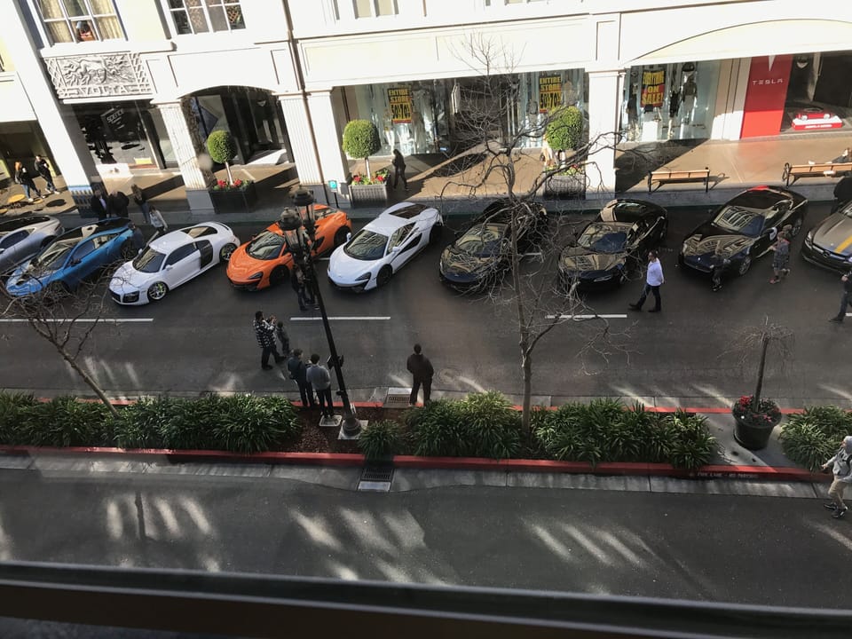 Exotic cars are common to be on display on the main street. 