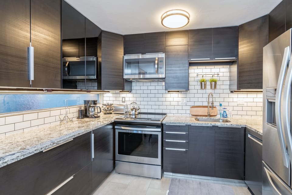 Modern updated kitchen with granite countertops