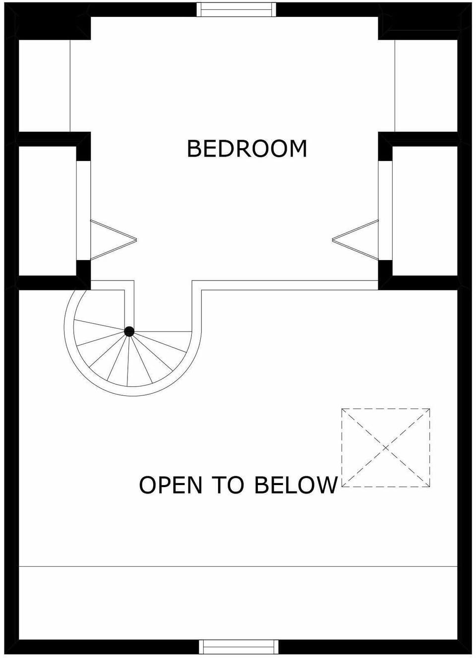 Upper floor featuring a private bedroom and a dramatic open-to-below design that enhances the home's spacious and airy feel.