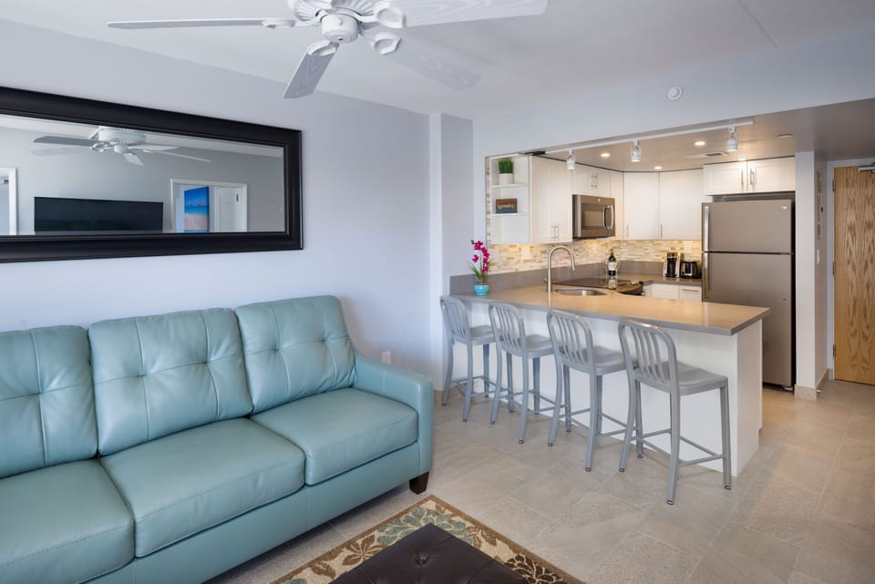 Open concept living space with eat in kitchen