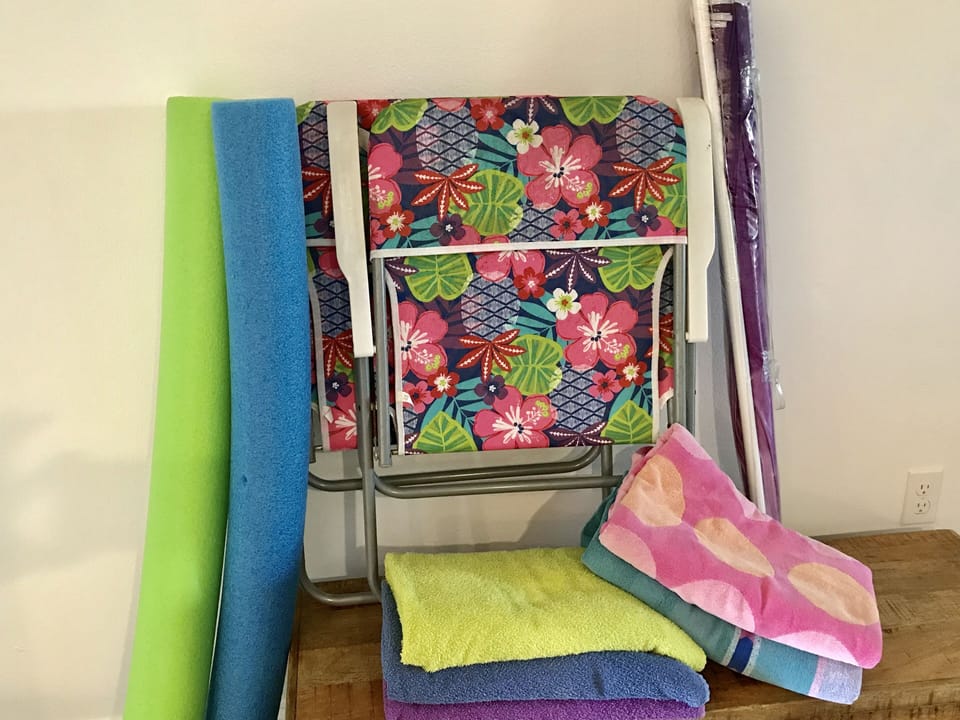 Beach chairs, beach towels, beach umbrella provided.