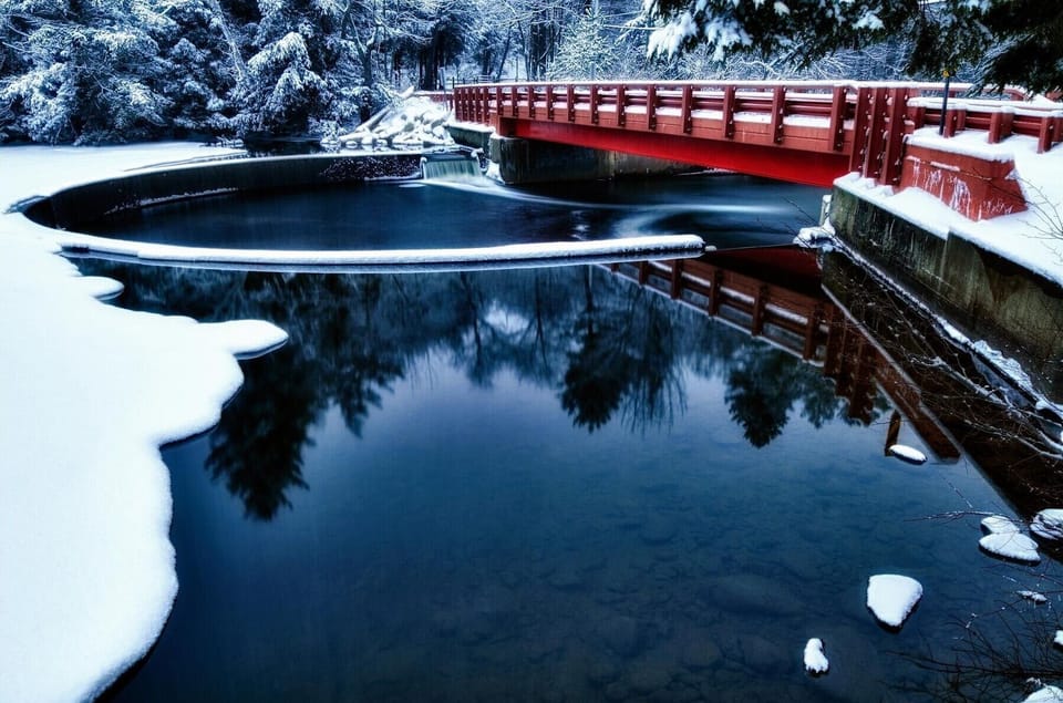 The Red Bridge in winter, view from the dock. 