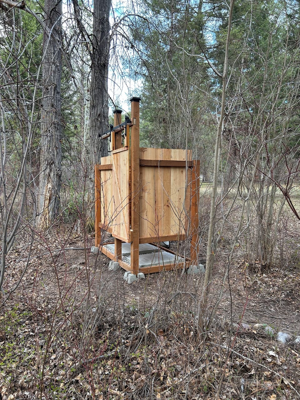 Outdoor shower with on-demand hot water. 