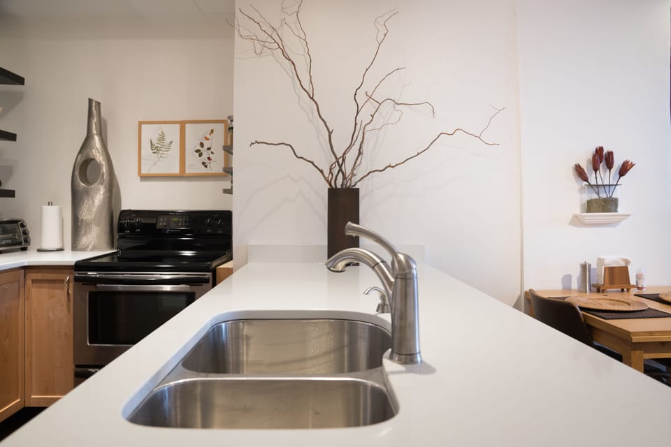 Plenty of room to prepare a meal in our new kitchen with quartz counter tops.