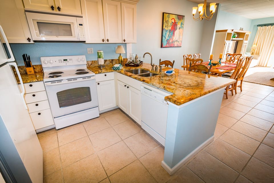 Large open kitchen with views over the living area and the Gulf of Mexico