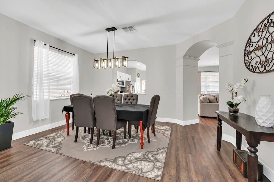 Dine together at the formal dining table with seating for 6