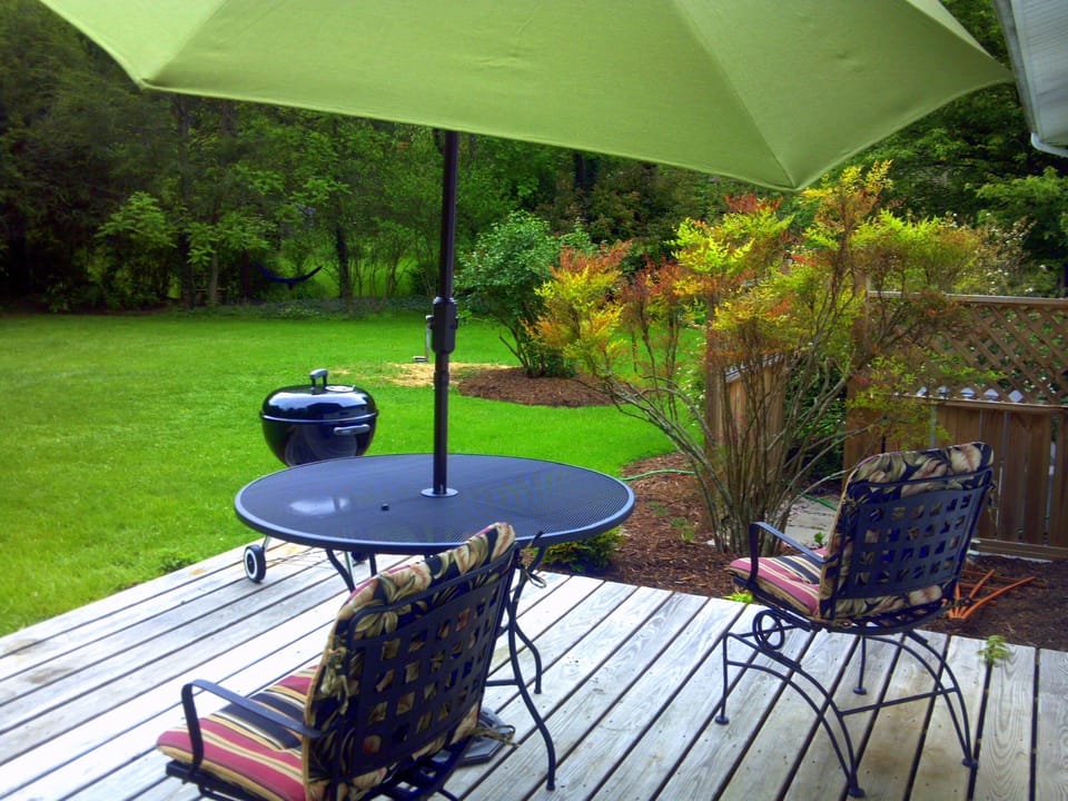 LARGE BK YD with shade and creek...Small grill for staying home a night.