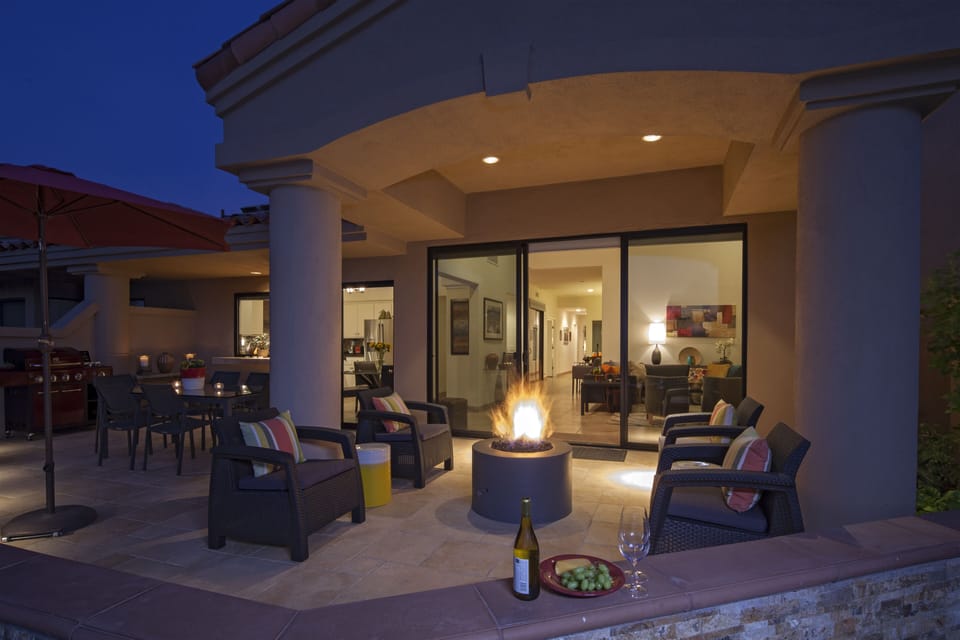 View patio with gas firepit (Note:  Chairs replaced with new adriondack chairs)