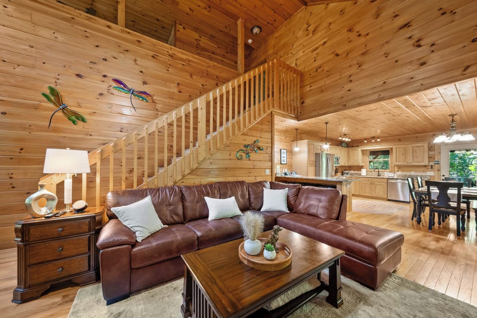 Soaring wood ceilings and an open layout give Uncle Johns Cabin a warm, roomy feel perfect for gathering the whole crew.