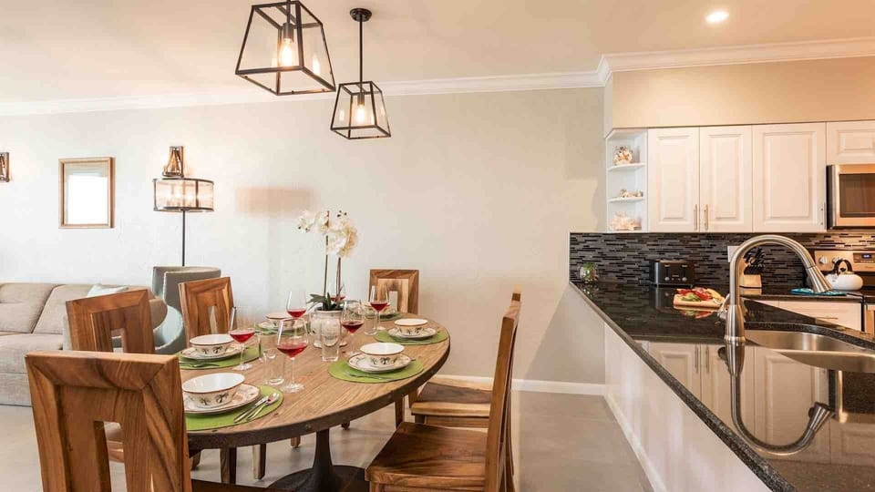 The indoor dining table seats six comfortably...