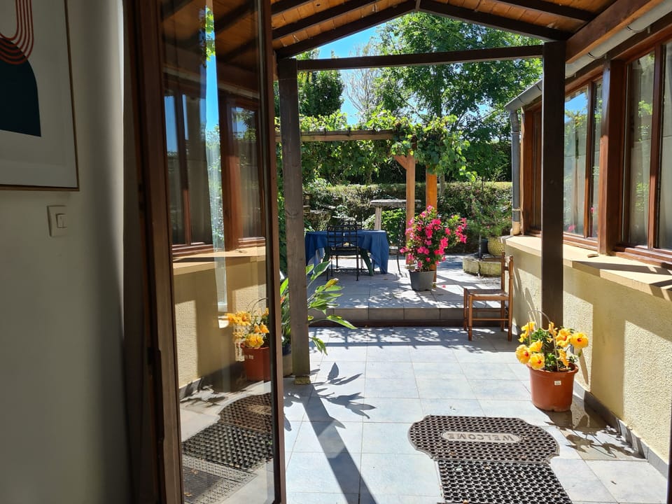 view of the patio from the lounge double doors