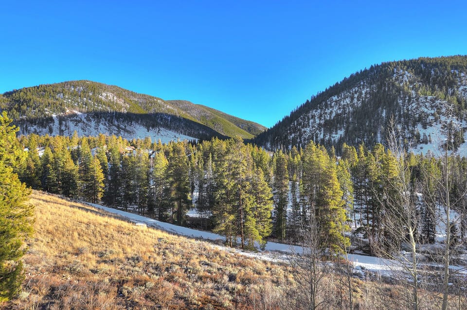 A scenic view of a forested valley with snow-covered areas and a clear blue sky, flanked by green pine-covered mountains.