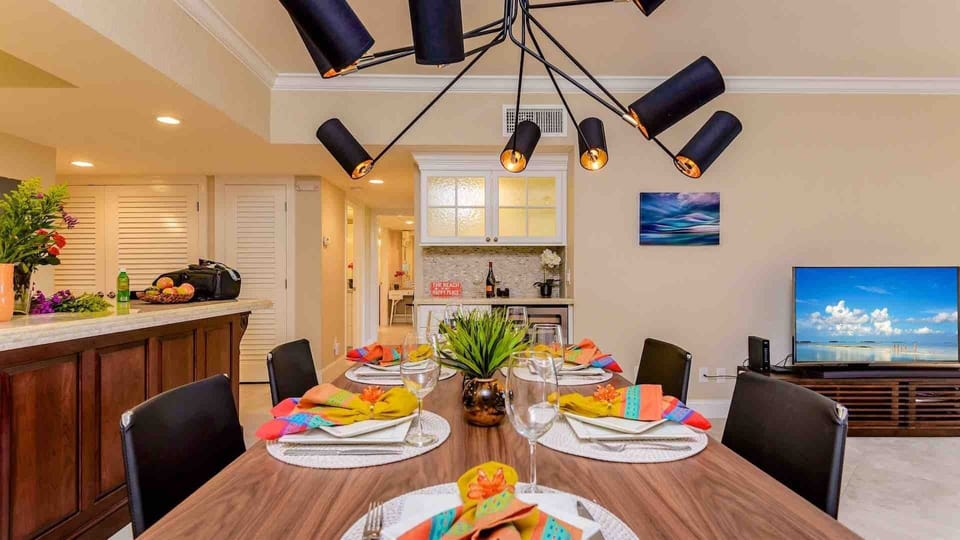 Enjoy a meal inside or out at one of the two dining tables...