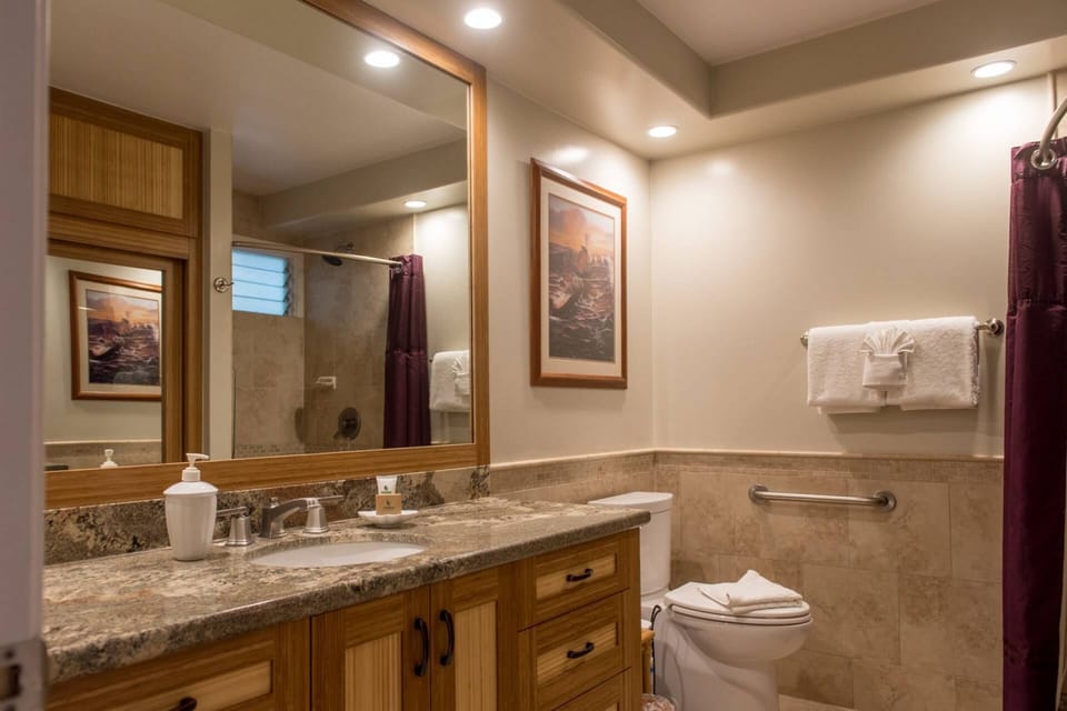 Grab bars are located in the bathroom and the shower.