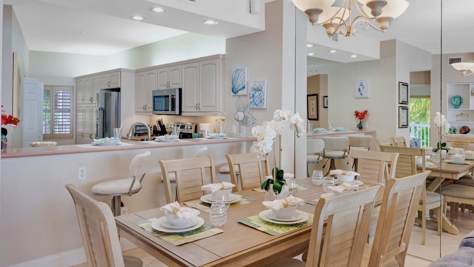 The living area flows into the dining area...