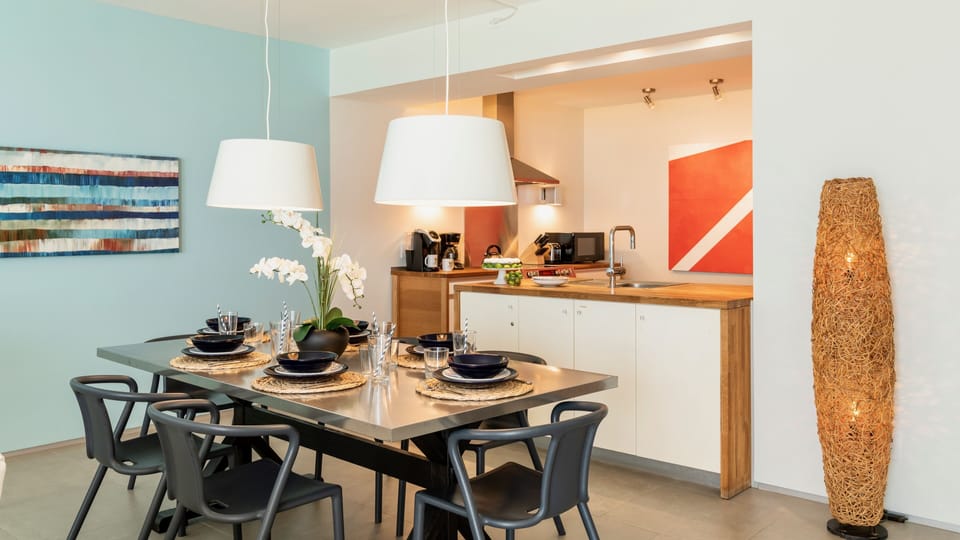 The indoor dining table seats six comfortably...