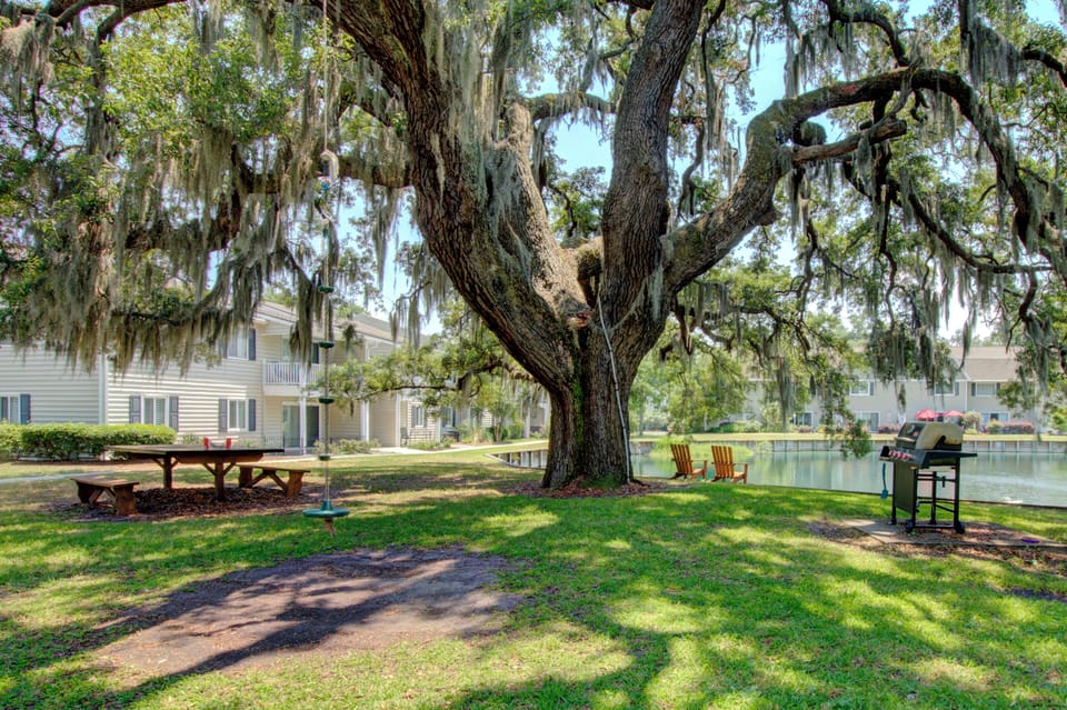 Shady Oak Courtyard with Lake & Grill – Ocean Walk R1 - Grill under the moss-draped oaks, picnic lakeside, or kick back in the shade — this Ocean Walk R1 courtyard delivers those laid-back St. Simons Island moments guests come for.