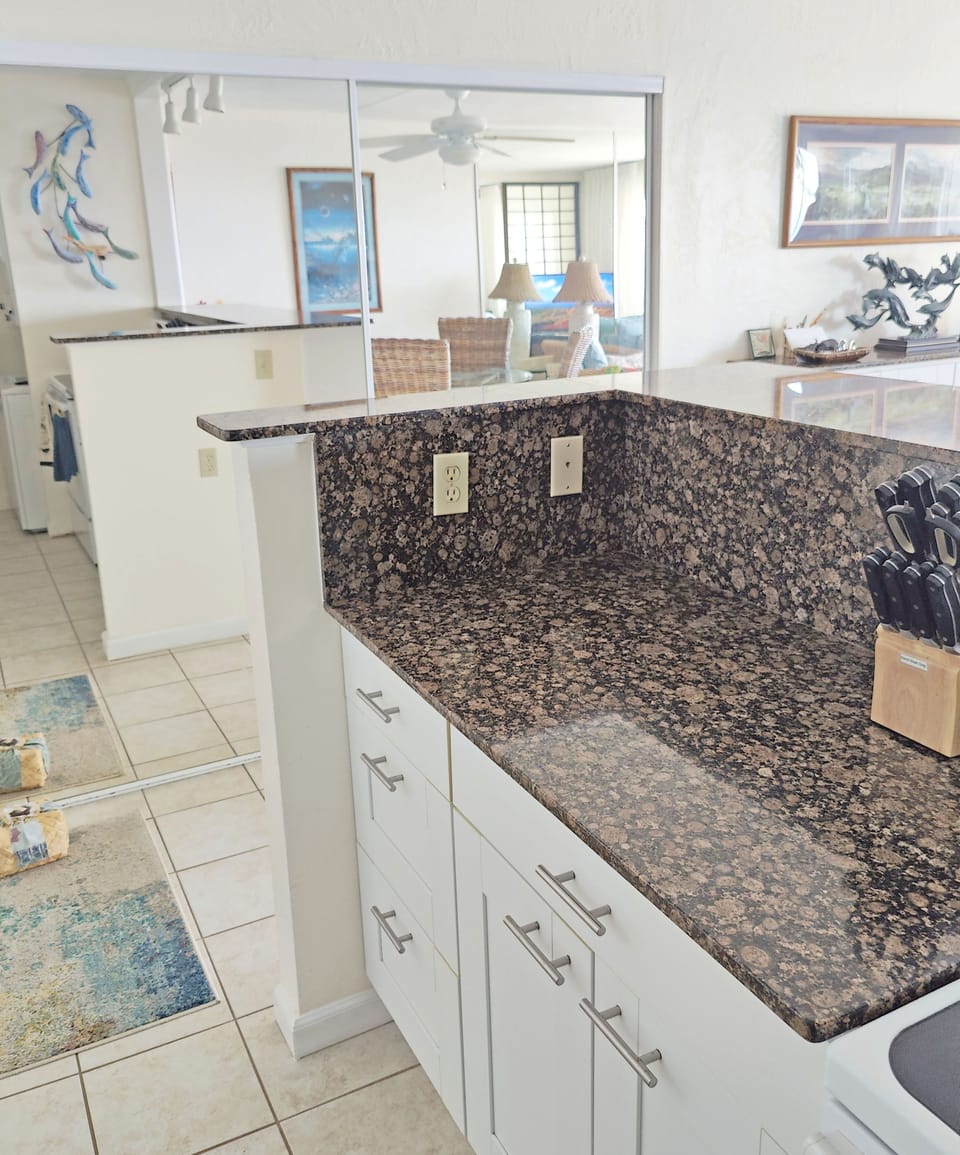 Granite topped peninsula with back to back cabinets. - Large pantry behind sliding mirrored doors