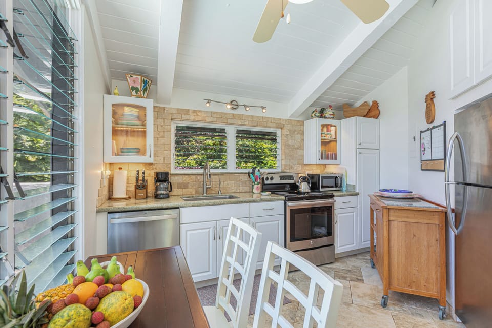 Kitchen is fully equipped with pots, pans and appliances