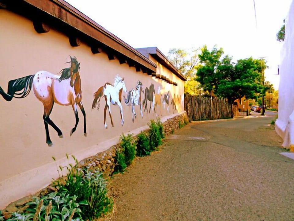 The "Painted Poney Wall" entering the one way only "famous, historic Ledoux Street"- background "coyote fence" encloses the yard