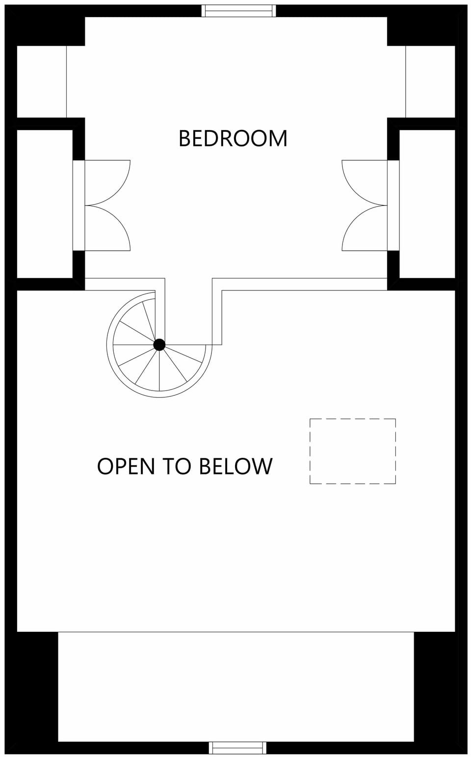 Floor plan showing a lofted bedroom with spiral staircase and open balcony overlooking the space below.