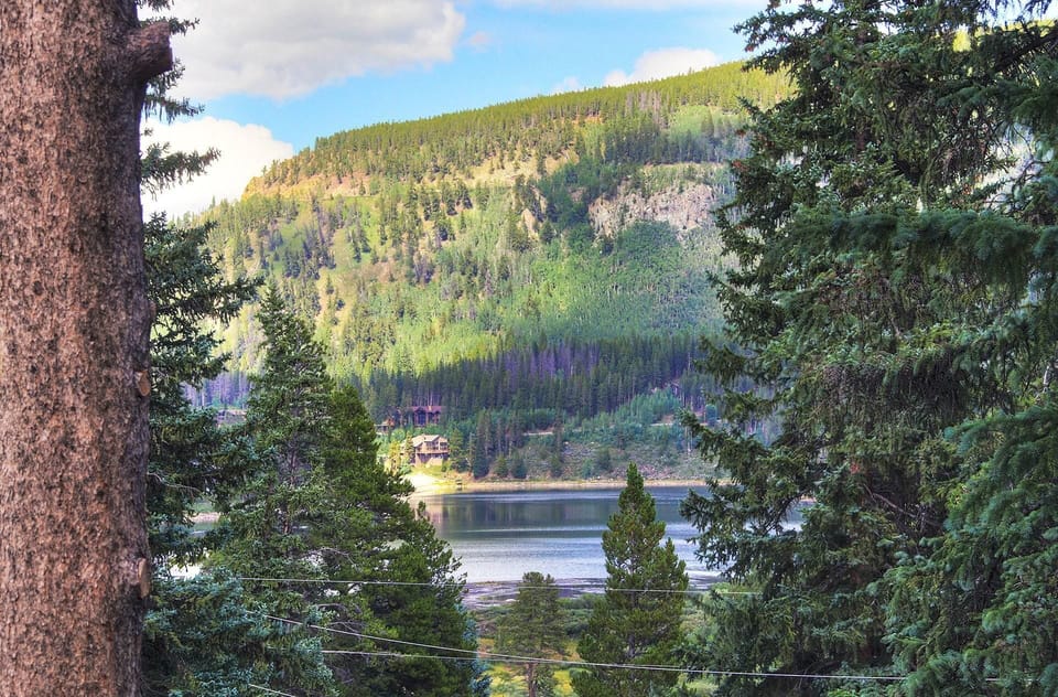 Scenic landscape with a lake surrounded by dense evergreen trees; a house is visible on the distant shoreline beneath a forested hill.
