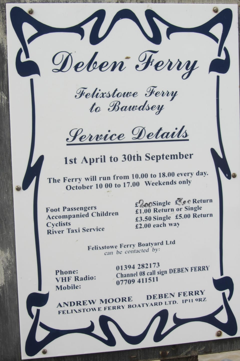 Felixstowe ferry timetable, from April to October