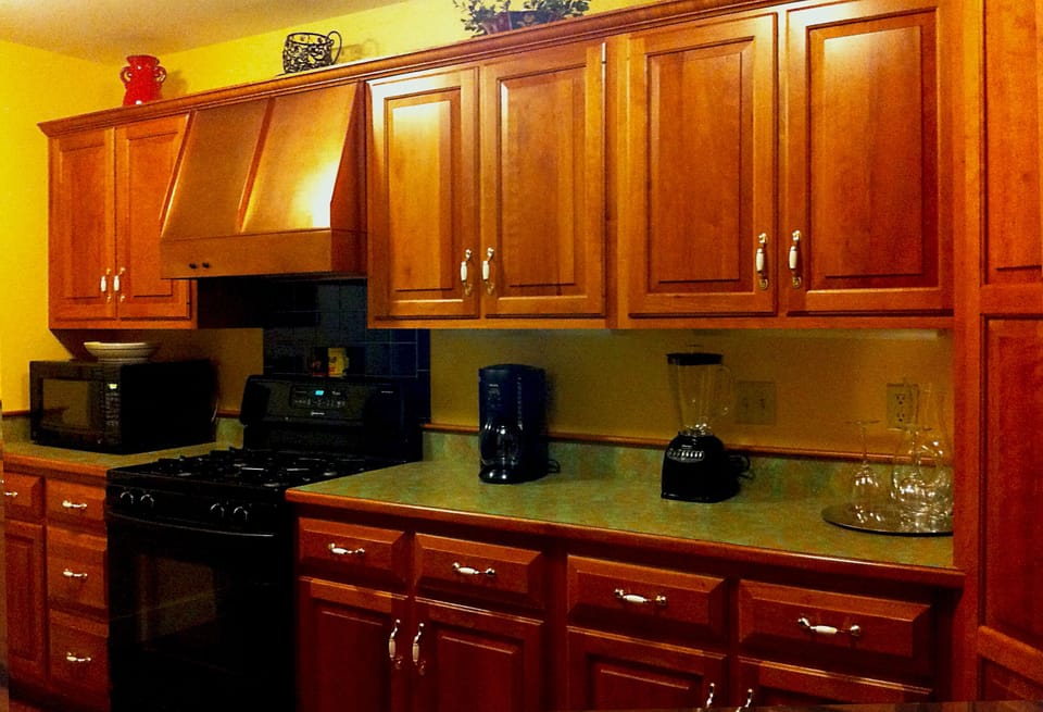 Fully Stocked Kitchen overlooks dining room, living room and courtyard.
