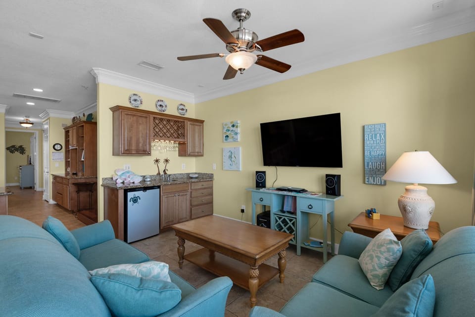 Large flat screen TV and entertaining area