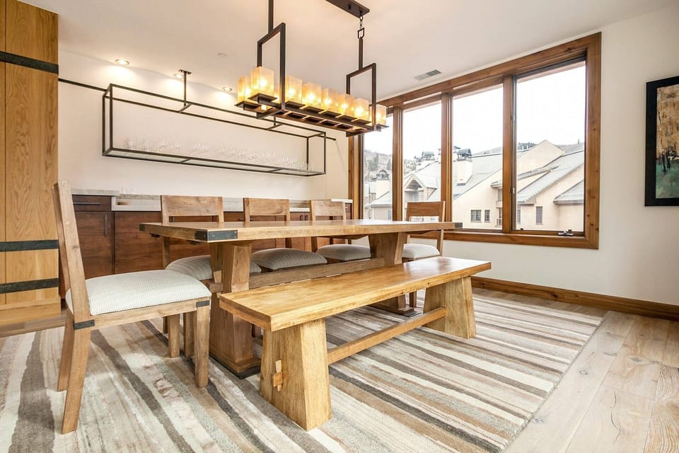 Comfortable dining table with seating for 6-8 guests.