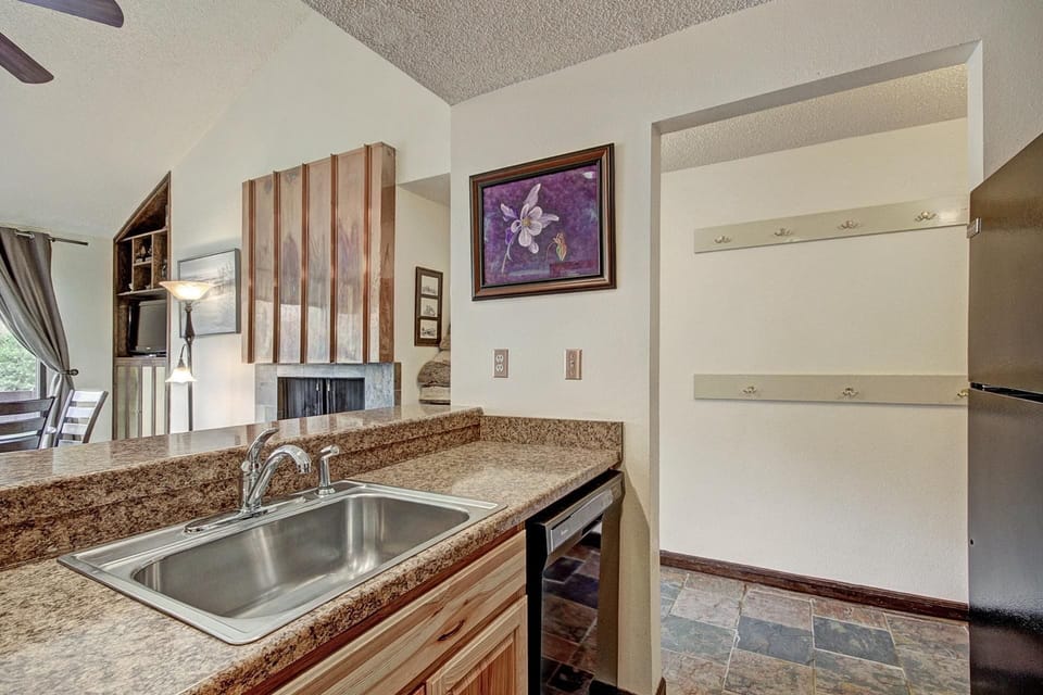 Kitchen with a granite countertop, stainless steel sink, and wood cabinets. A painting and coat hooks adorn the wall. The living area with a fireplace and windows is visible in the background.
