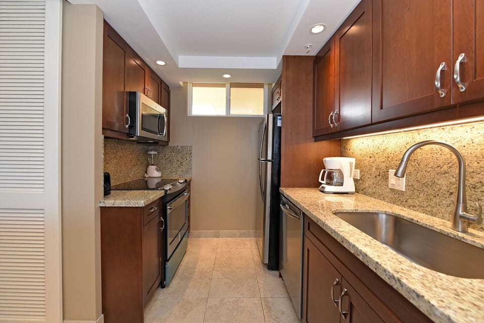 Full size stainless steel appliances.