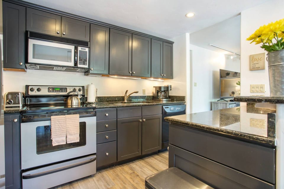 Kitchen features Electric Range, Microwave, Dishwasher, Refrigerator with ice maker.