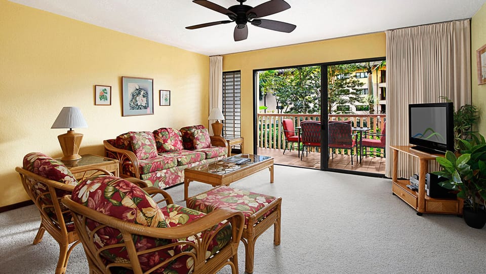 Waikomo Stream Villas #221 - Living Room & Lanai View - Parrish Kauai