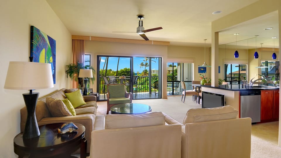 Poipu Sands at Poipu Kai Resort #224 - Living Room & Lanai View - Parrish Kauai