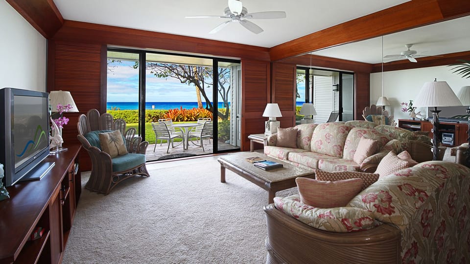 Poipu Kapili Resort #02 - Oceanfront Living Room & Lanai View - Parrish Kauai