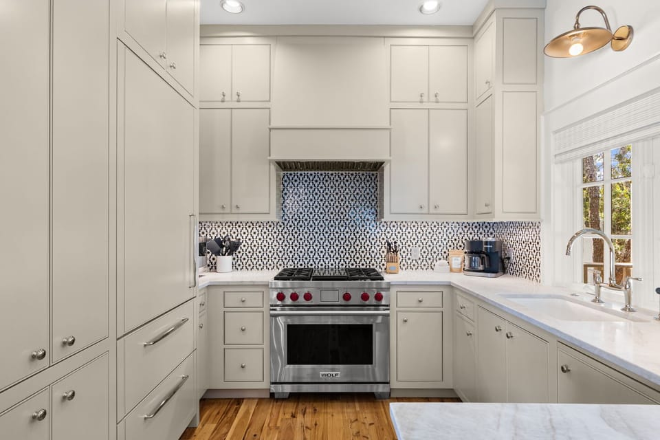 Chefs kitchen with pro range, marble counters