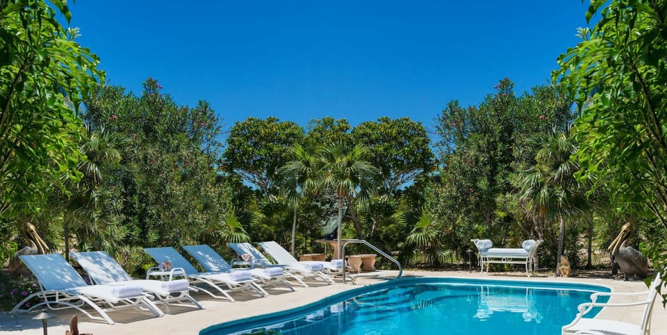 Private pool surrounded by lush vegetation with loungers and a kids playground, 
