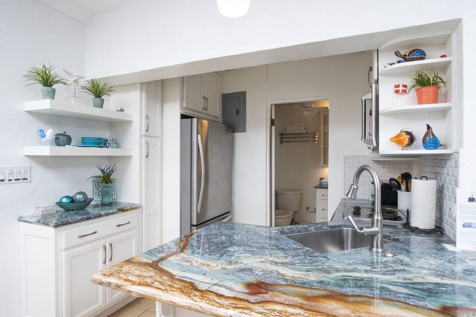 Gorgeous granite countertop in completely renovated kitchen.