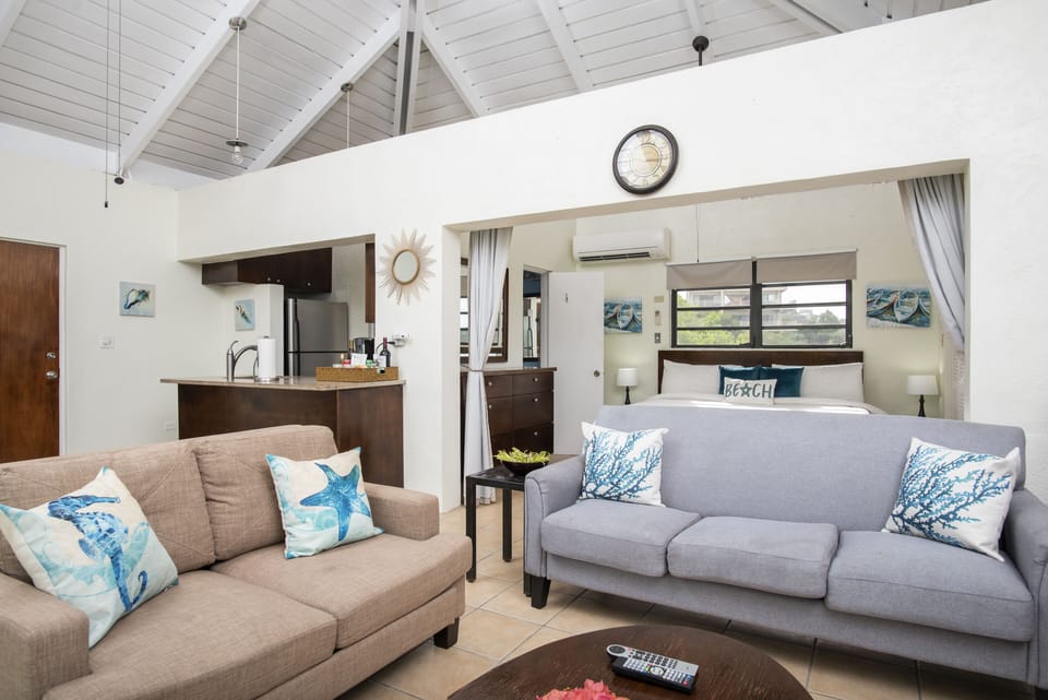 Lots of seating in living area with vaulted ceiling.