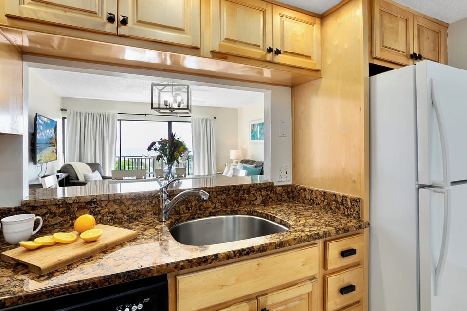 Kitchen with a view of the ocean.