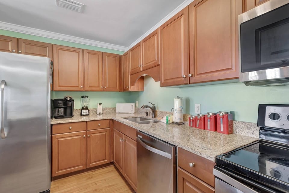 Fully equipped kitchen with all the cookware and appliances you'll need to serve meals (including a combo drip/single cup coffee maker!).