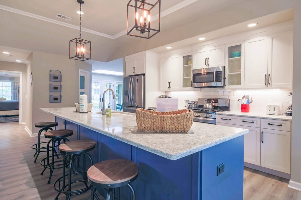 This comfortably renovated home features a spacious kitchen.