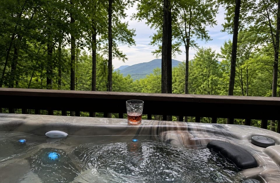 Soak in the hot tub with a beverage of choice as you take in this amazing view of the North Georgia Mountains!