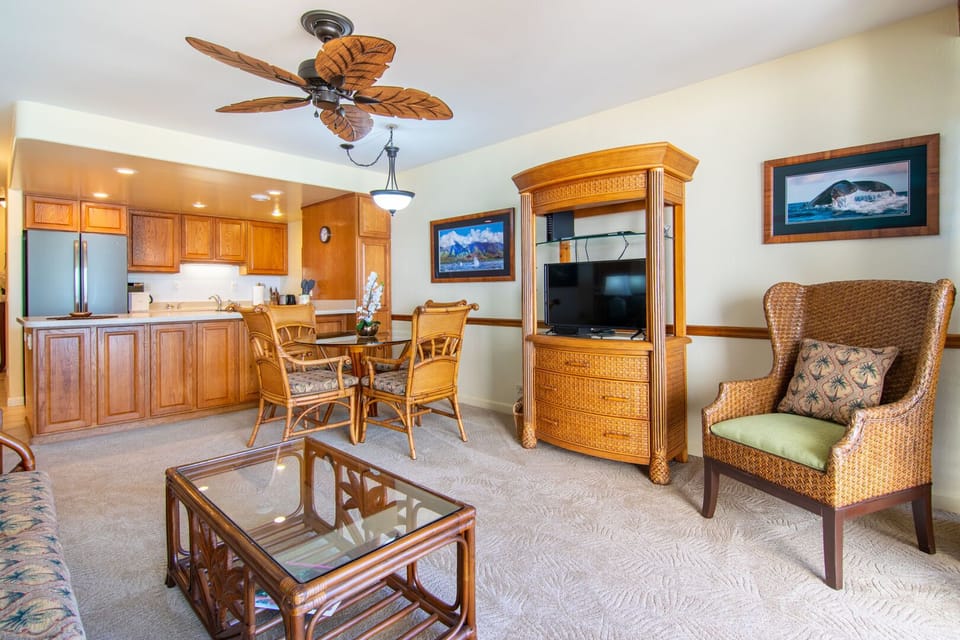 With flat-screen TV for entertainment
